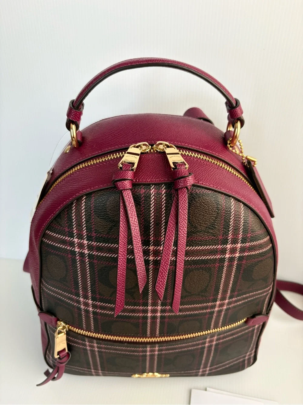 Coach Jordyn Backpack  Signature Plaid Brown/Fuchsia MFSRP $428 NWT
